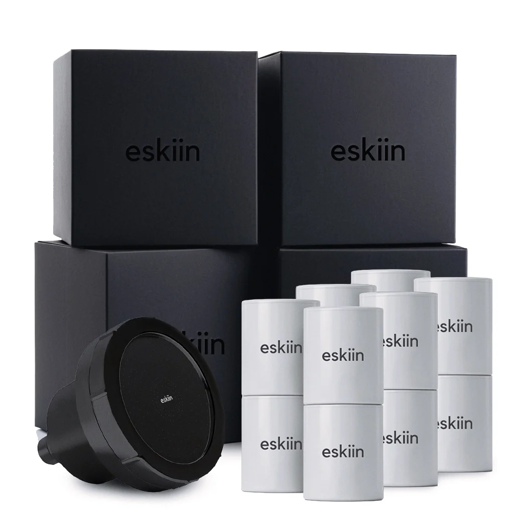 eskiin product lineup: filtered showerhead, boxes and refill cartridges