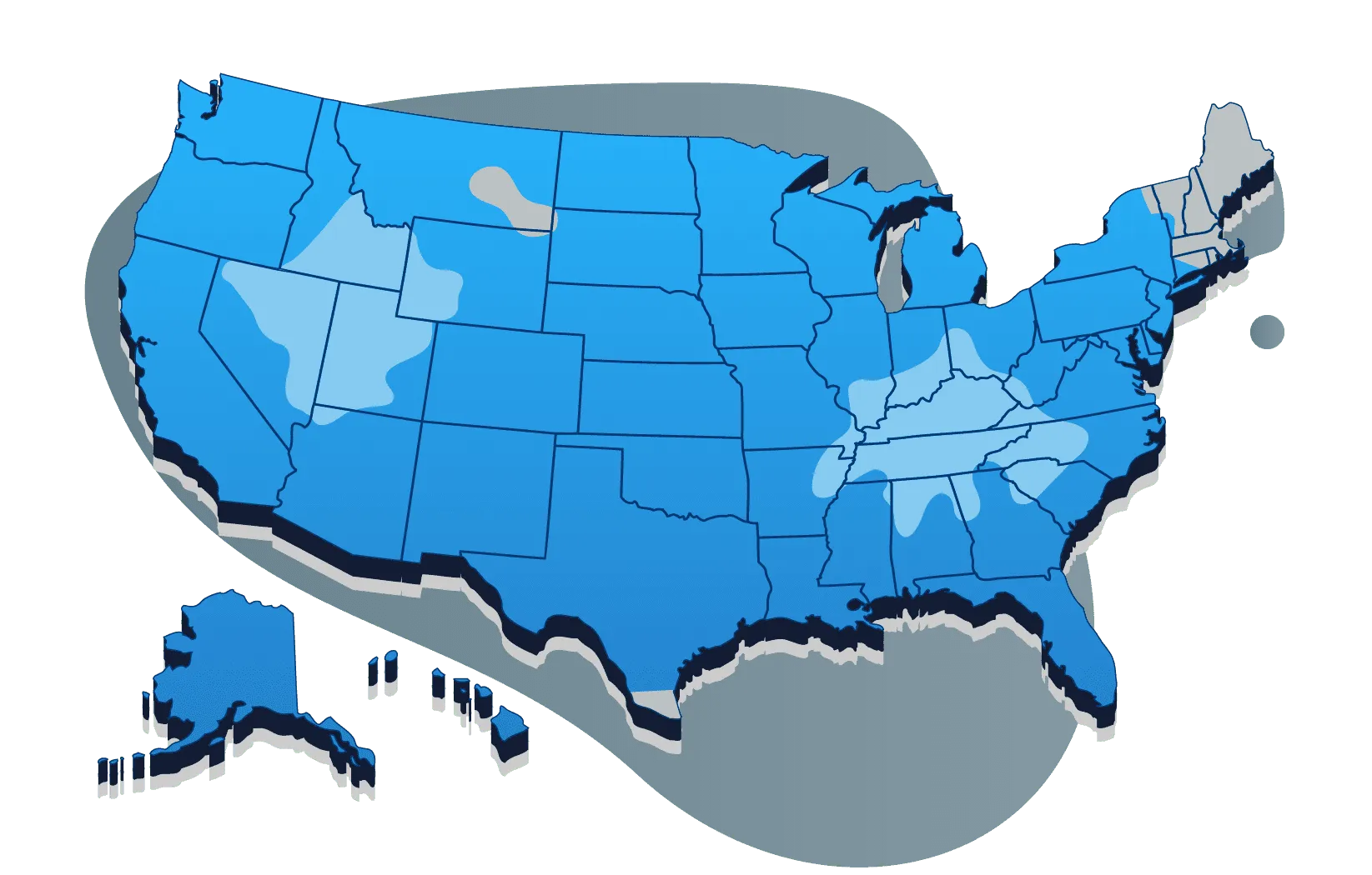 Isometric U.S. map with Launch Fulfillment's coverage zones, marking the Springville, Utah and Shepherdsville, Kentucky fulfillment centers