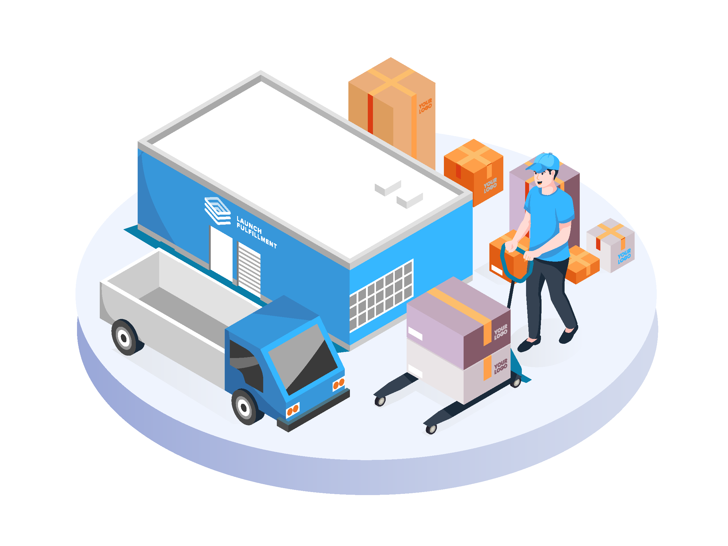Illustration of a fulfillment warehouse, parcels, and a delivery truck